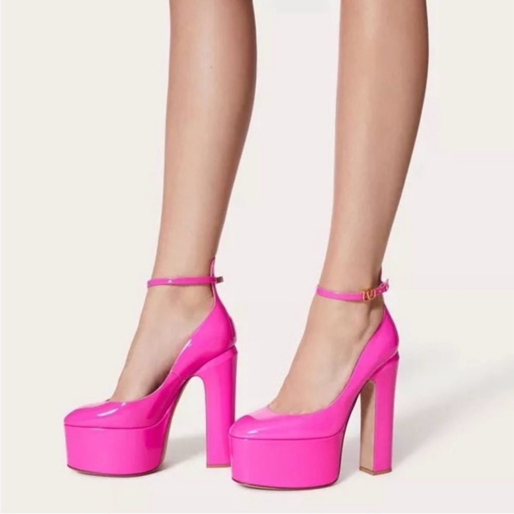 Valentino Garavani Tan Go Pink Patent Calfskin Platform Pumps
